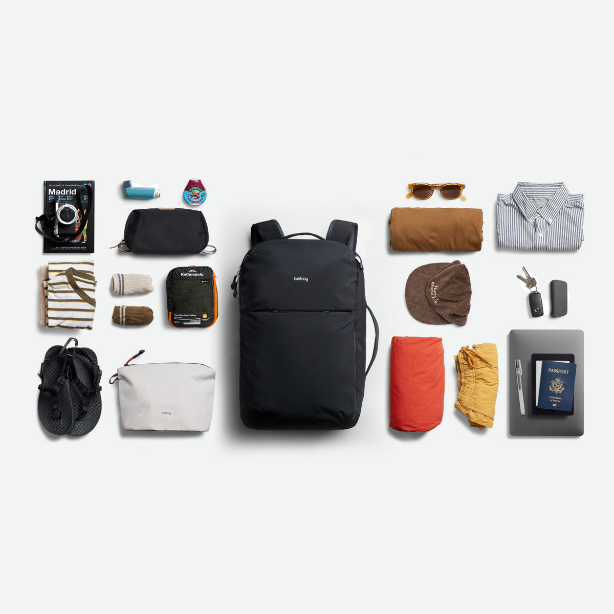 Bellroy Lite Travel Pack 38L - Black (Leather Free) - Flatlay