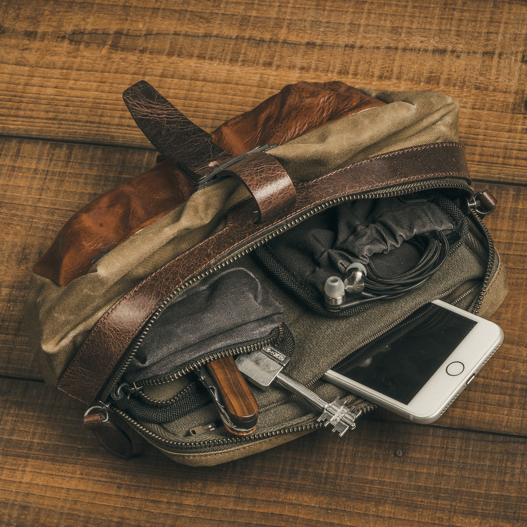 Wotancraft "Mini Rider" Sling Bag 3.5L - Khaki Brown Canvas / Brown Leather