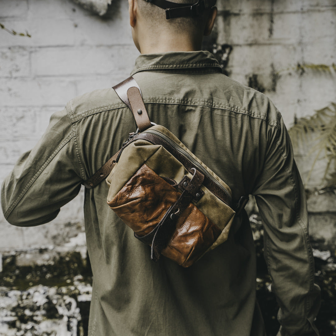 Wotancraft "Mini Rider" Sling Bag 3.5L - Khaki Brown Canvas / Brown Leather