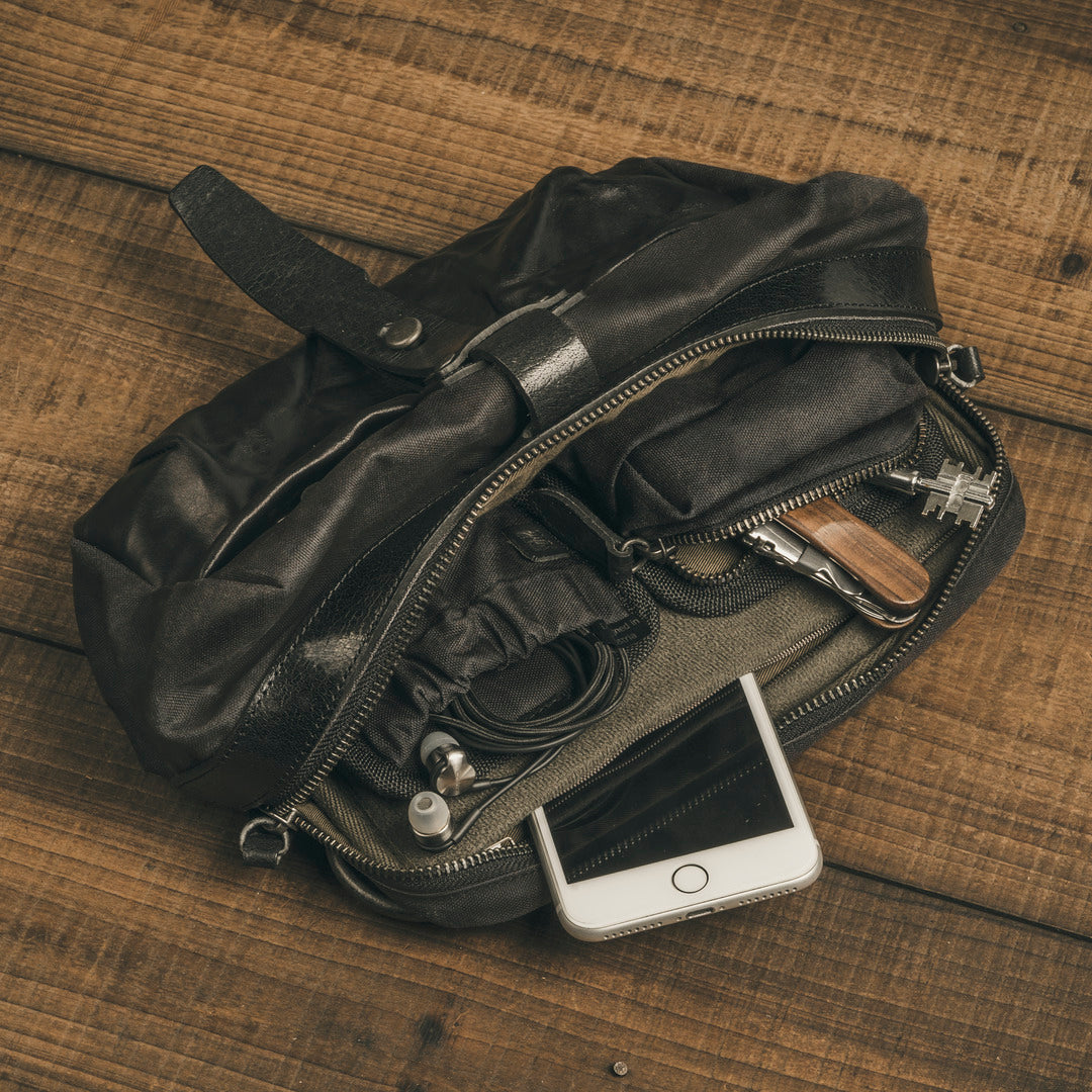 Wotancraft "Mini Rider" Sling Bag 3.5L - Black Canvas / Black Leather