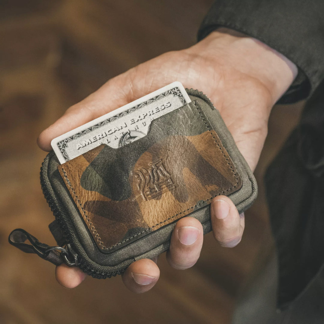 Wotancraft Nylon + Leather Essential Wallet - Olive Green Canvas / Woodland Camouflage Leather - Lifestyle Image