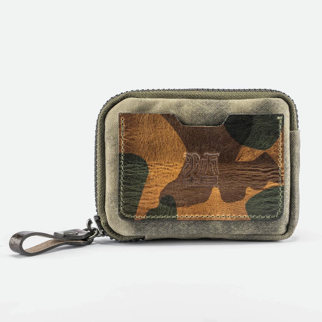 Wotancraft Nylon + Leather Essential Wallet - Olive Green Canvas / Woodland Camouflage Leather