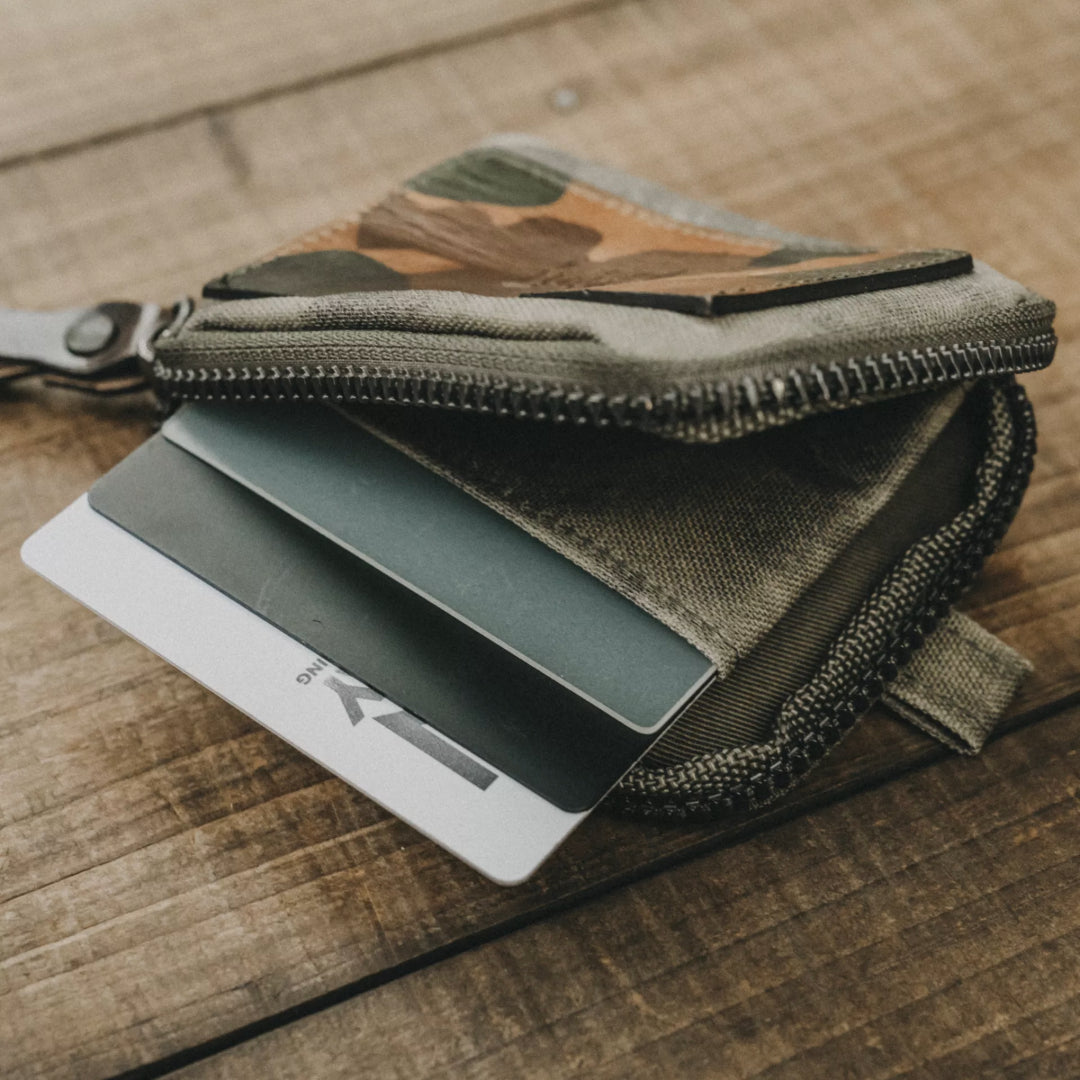Wotancraft Nylon + Leather Essential Wallet - Olive Green Canvas / Woodland Camouflage Leather - Lifestyle Image