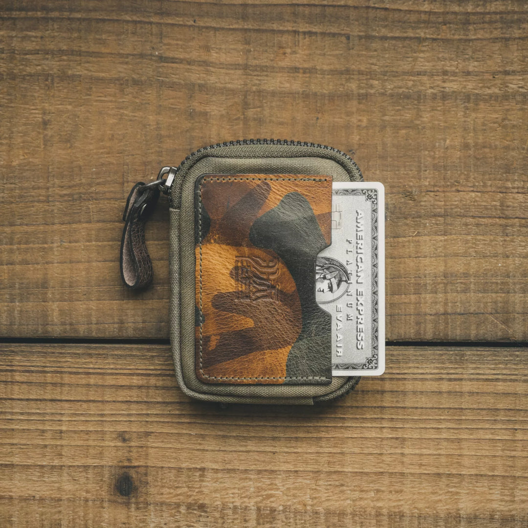 Wotancraft Nylon + Leather Essential Wallet - Olive Green Canvas / Woodland Camouflage Leather - Lifestyle Image