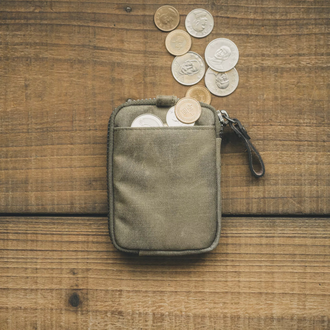 Wotancraft Nylon + Leather Essential Wallet - Olive Green Canvas / Woodland Camouflage Leather - Lifestyle Image